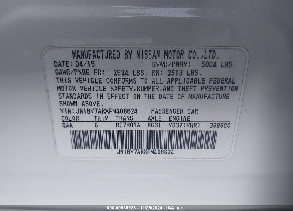 2015 INFINITI Q50 VIN: JN1BV7ARXFM408624