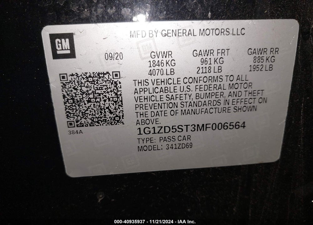 2021 CHEVROLET MALIBU VIN: 1G1ZD5ST3MF006564