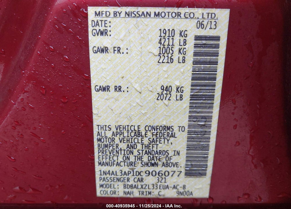 2013 NISSAN ALTIMA 2.5 SL VIN: 1N4AL3AP1DC906077