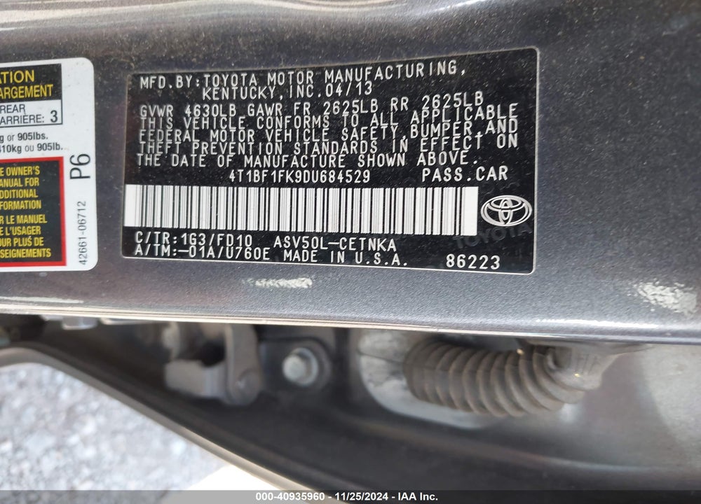2013 TOYOTA CAMRY LE VIN: 4T1BF1FK9DU684529