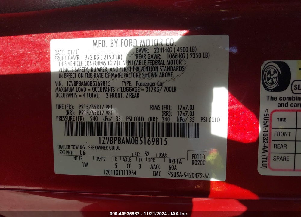 2011 FORD MUSTANG V6 VIN: 1ZVBP8AM0B5169815