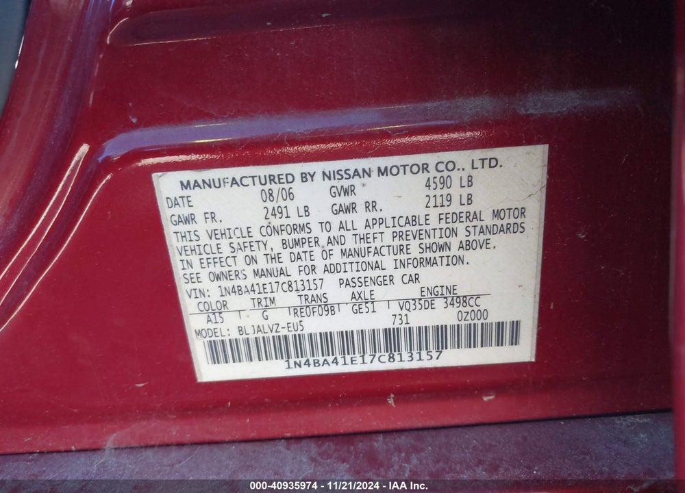 2007 NISSAN MAXIMA 3.5 SE VIN: 1N4BA41E17C813157