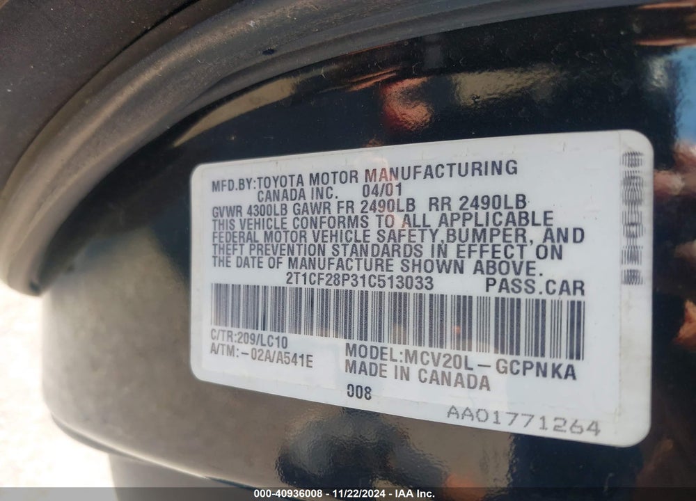 2001 TOYOTA CAMRY SOLARA SLE V6 VIN: 2T1CF28P31C513033