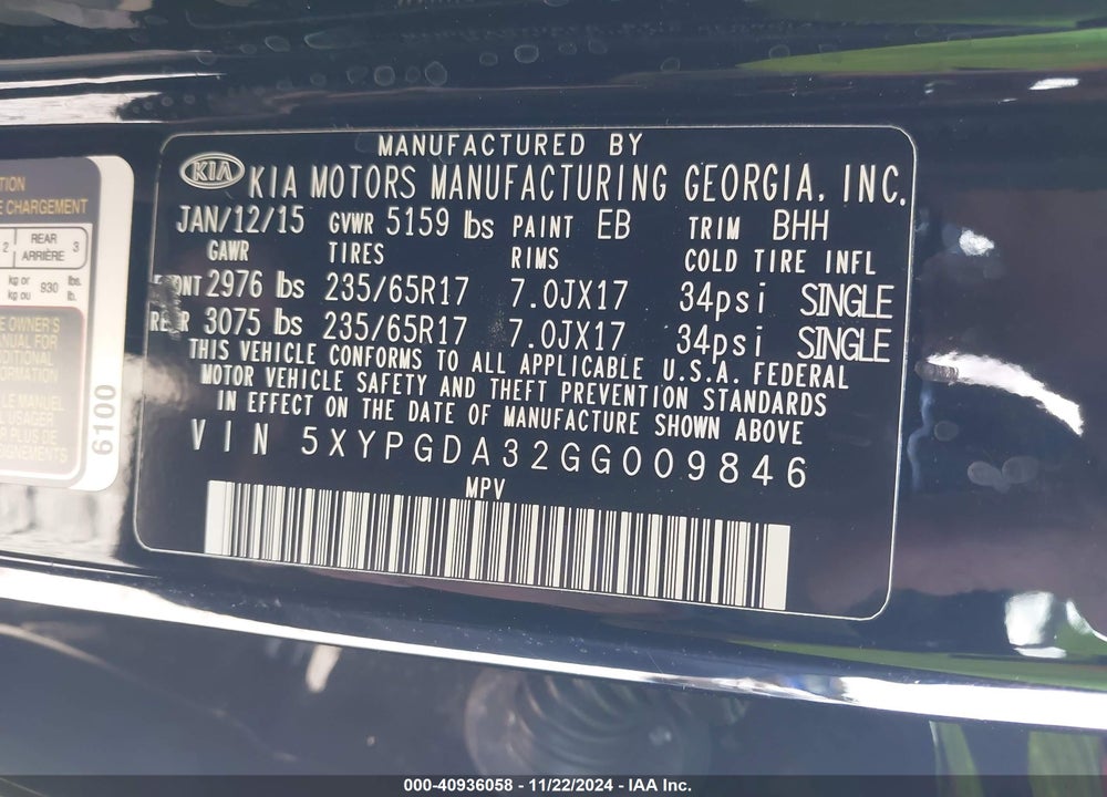 2016 KIA SORENTO 2.4L LX VIN: 5XYPGDA32GG009846