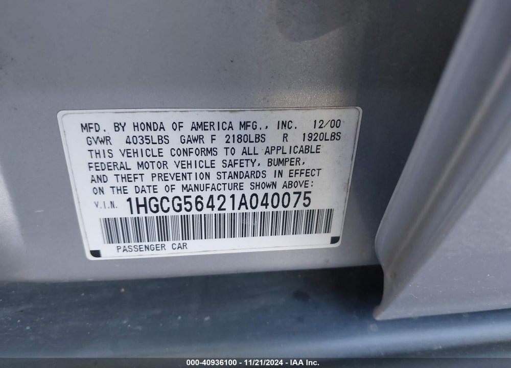 2001 HONDA ACCORD 2.3 LX VIN: 1HGCG56421A040075