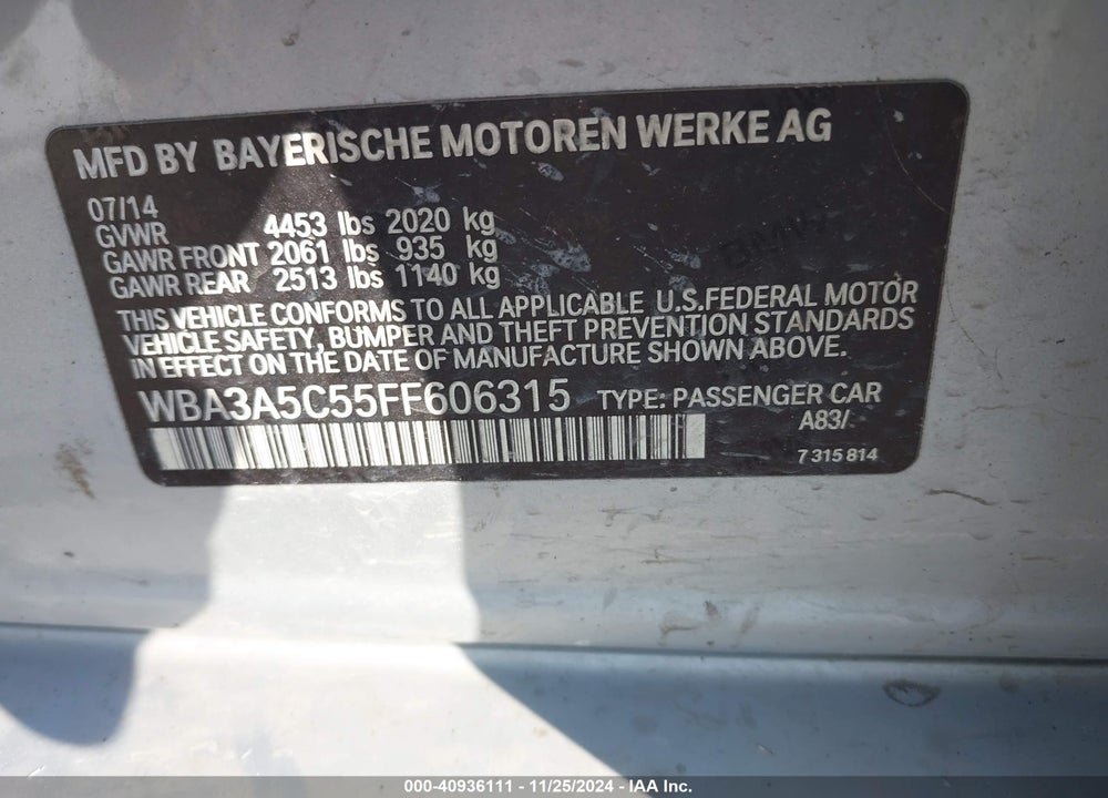 2015 BMW 328I VIN: WBA3A5C55FF606315