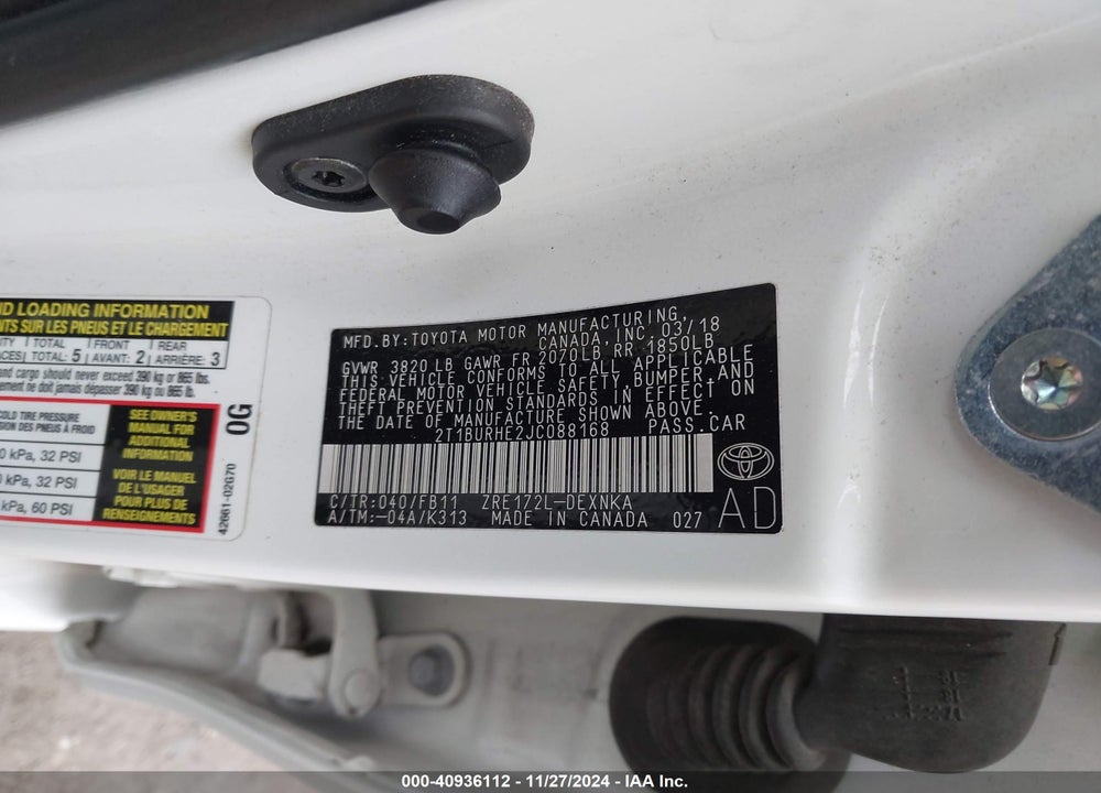 2018 TOYOTA COROLLA LE VIN: 2T1BURHE2JC088168