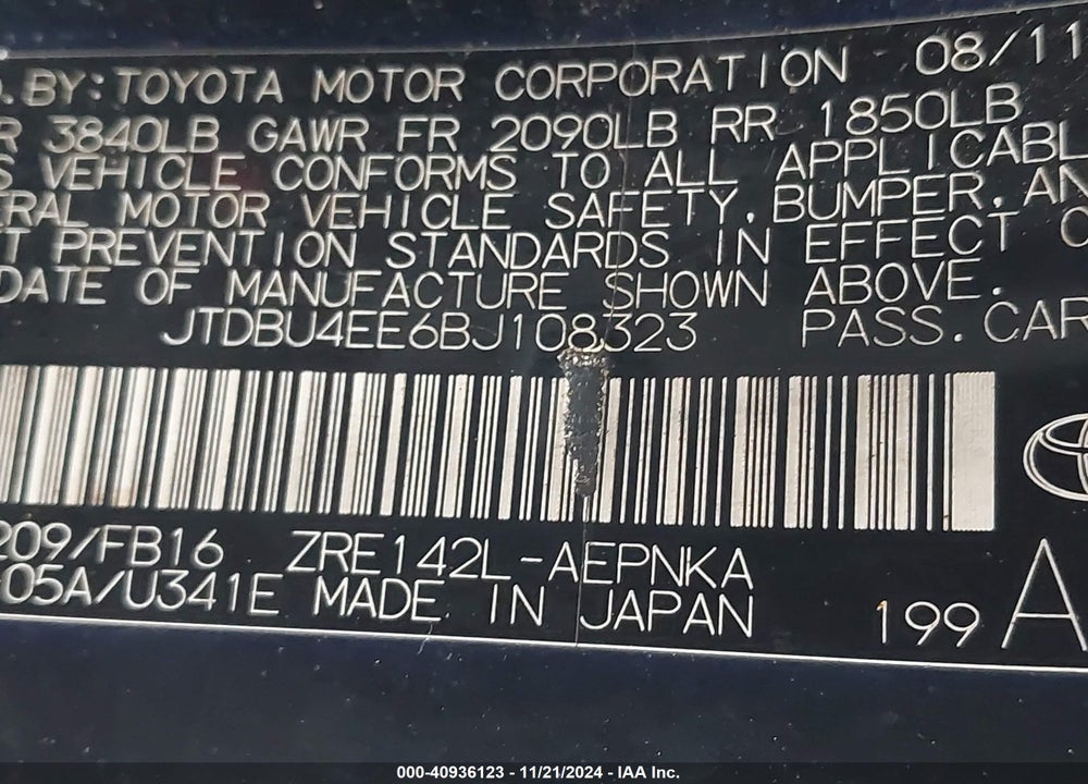 2011 TOYOTA COROLLA LE VIN: JTDBU4EE6BJ108323