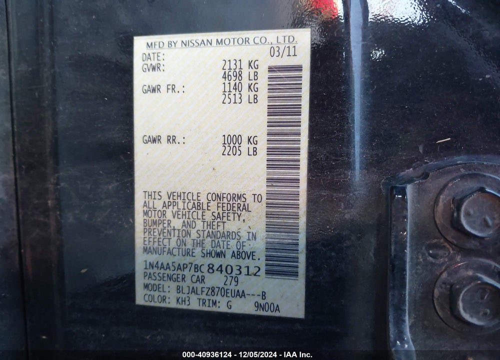 2011 NISSAN MAXIMA 3.5 SV VIN: 1N4AA5AP7BC840312