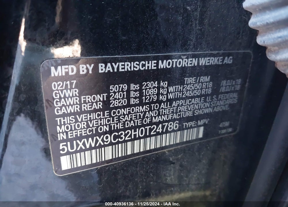 2017 BMW X3 XDRIVE28I VIN: 5UXWX9C32H0T24786