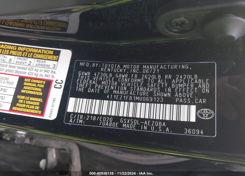 2021 TOYOTA AVALON NIGHT SHADE/TRD VIN: 4T1EZ1FB1MU069123