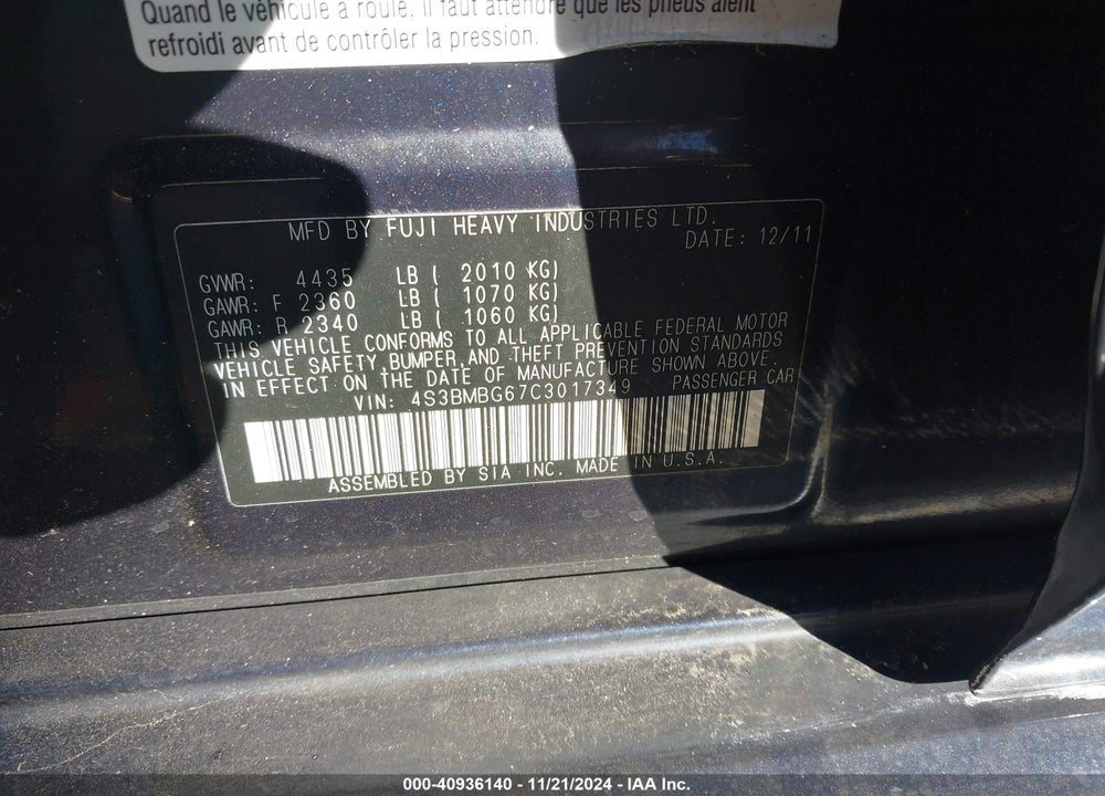 2012 SUBARU LEGACY 2.5I PREMIUM VIN: 4S3BMBG67C3017349