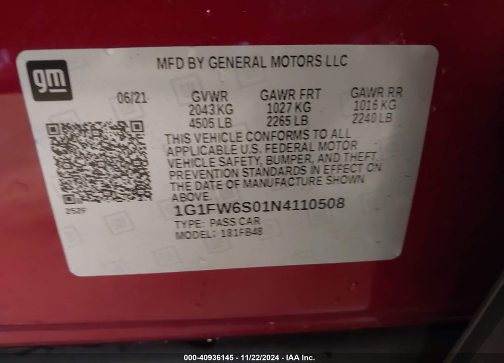2022 CHEVROLET BOLT EV FWD 1LT VIN: 1G1FW6S01N4110508