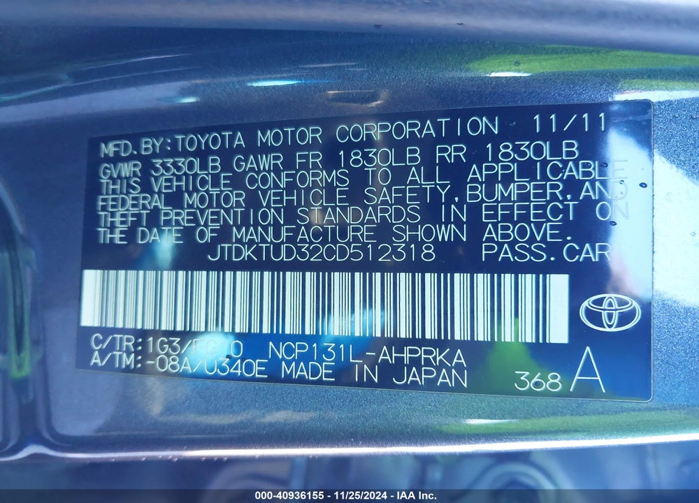 2012 TOYOTA YARIS LE VIN: JTDKTUD32CD512318