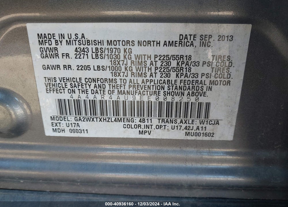 2014 MITSUBISHI OUTLANDER SPORT SE VIN: 4A4AR4AU9EE008250