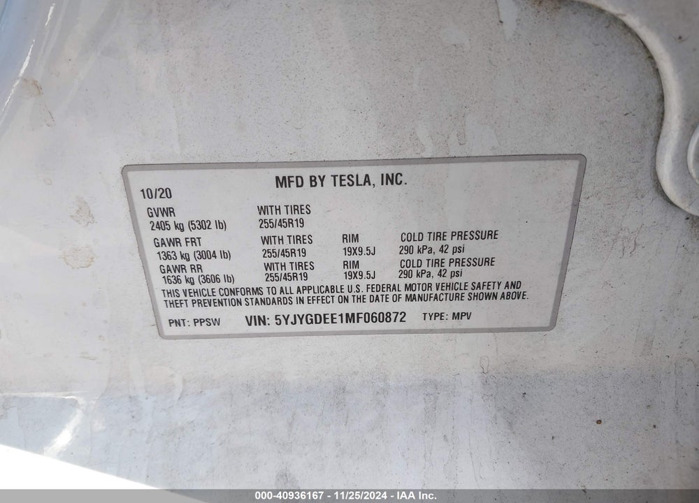 2021 TESLA MODEL Y LONG RANGE DUAL MOTOR ALL-WHEEL DRIVE VIN: 5YJYGDEE1MF060872
