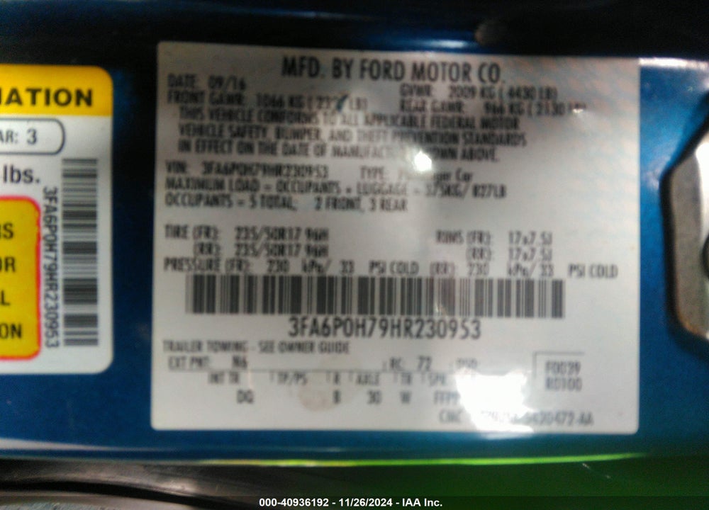 2017 FORD FUSION VIN: 3FA6P0H79HR230953