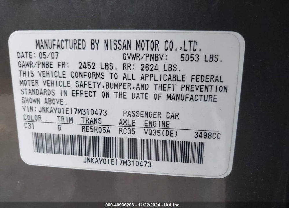 2007 INFINITI M35 SPORT VIN: JNKAY01E17M310473