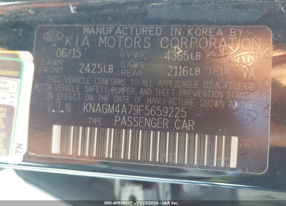 2015 KIA OPTIMA VIN: KNAGM4A79F5659225