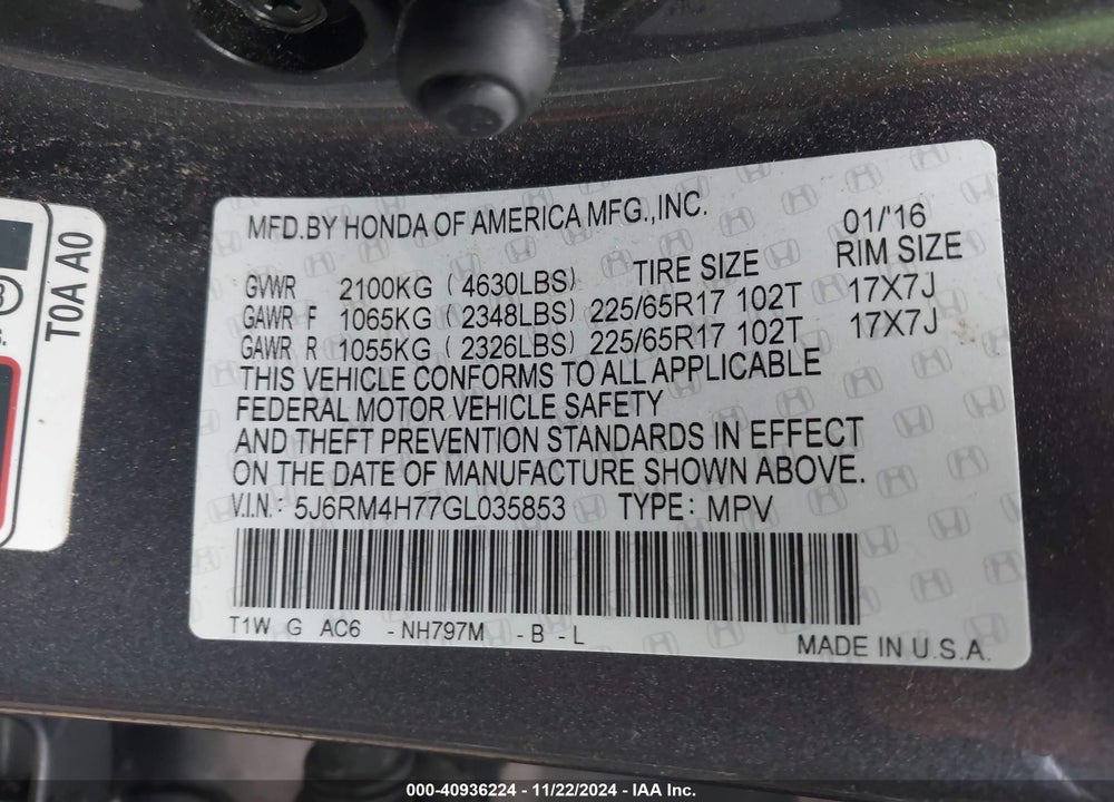 2016 HONDA CR-V EX-L VIN: 5J6RM4H77GL035853