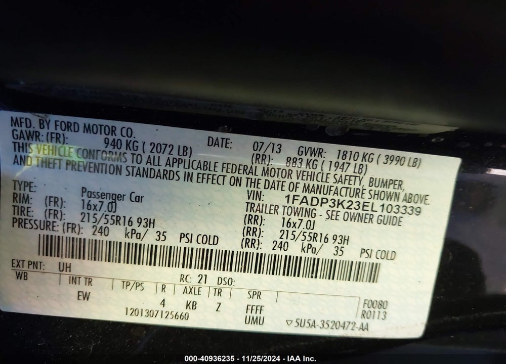 2014 FORD FOCUS SE VIN: 1FADP3K23EL103339
