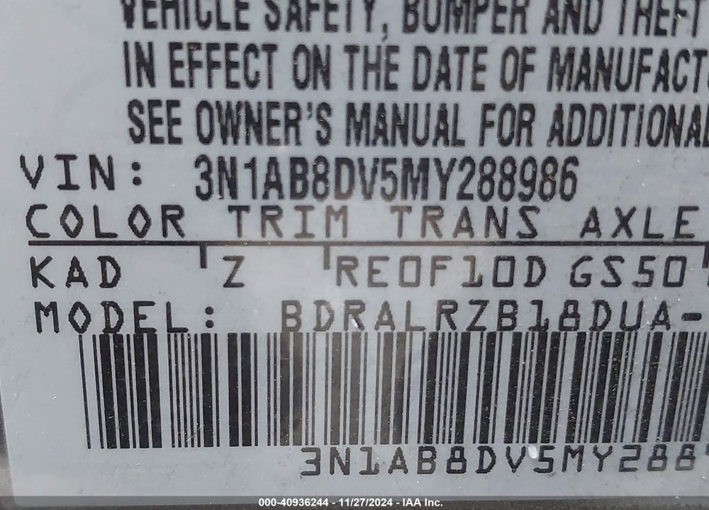2021 NISSAN SENTRA VIN: 3N1AB8DV5MY288986