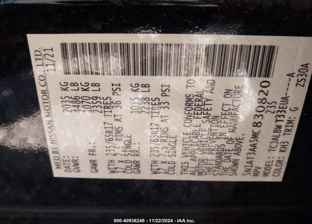 2021 NISSAN ROGUE S FWD VIN: 5N1AT3AA5MC830820