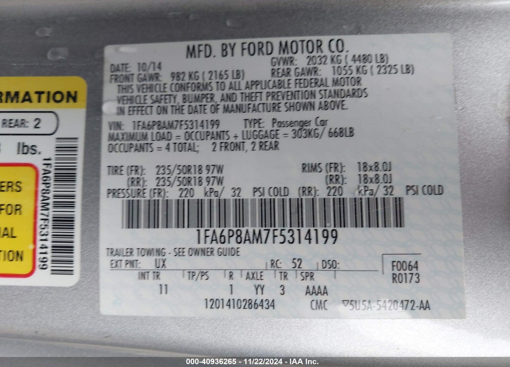 2015 FORD MUSTANG VIN: 1FA6P8AM7F5314199
