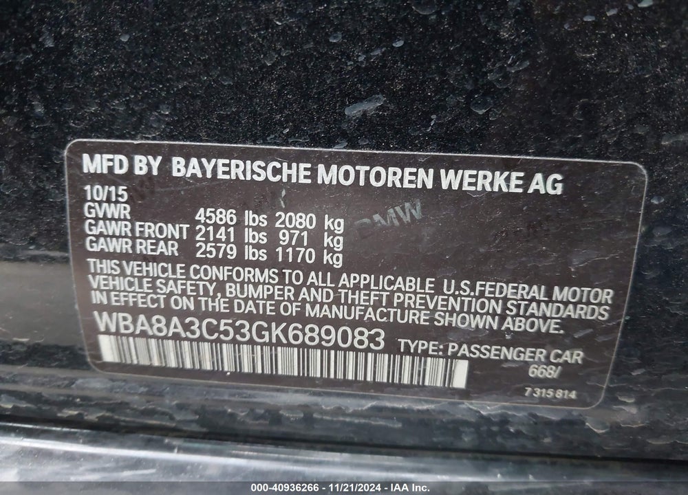 2016 BMW 320I XDRIVE VIN: WBA8A3C53GK689083