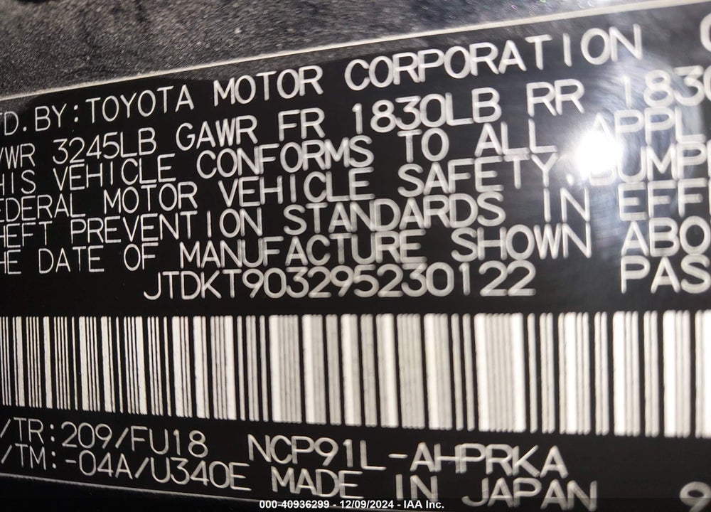 2009 TOYOTA YARIS VIN: JTDKT903295230122