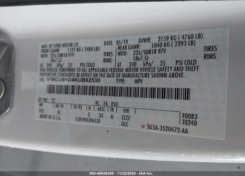 2019 FORD ESCAPE SEL VIN: 1FMCU9HD4KUB92530