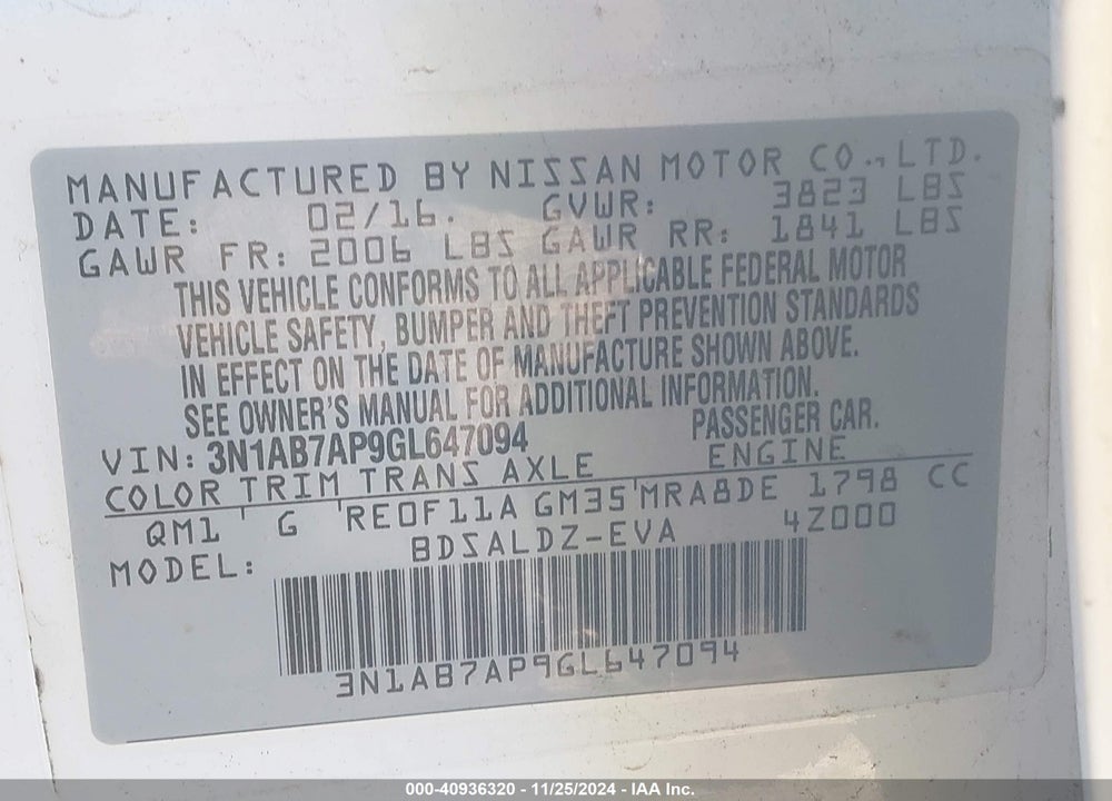 2016 NISSAN SENTRA FE+ S/S/SL/SR/SV VIN: 3N1AB7AP9GL647094