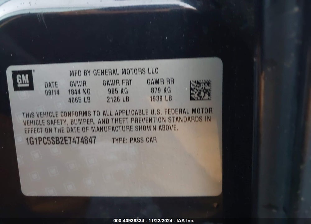 2014 CHEVROLET CRUZE 1LT AUTO VIN: 1G1PC5SB2E7474847