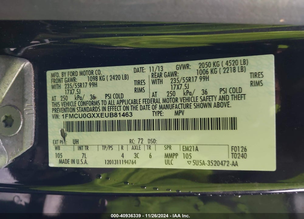 2014 FORD ESCAPE SE VIN: 1FMCU0GXXEUB81463