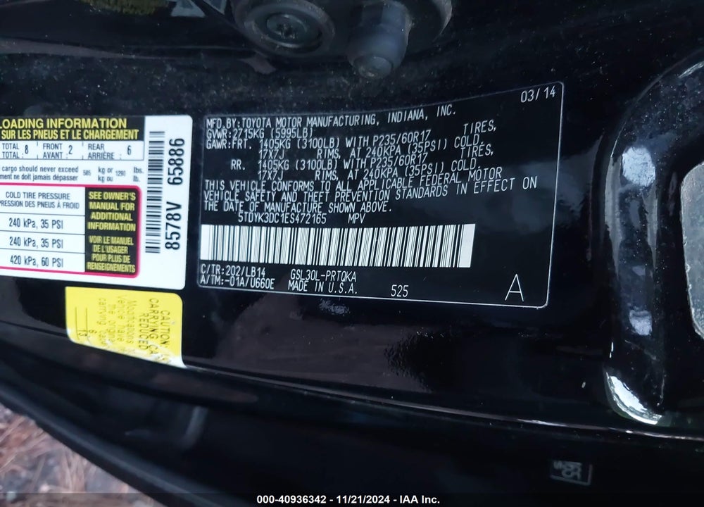 2014 TOYOTA SIENNA XLE V6 8 PASSENGER VIN: 5TDYK3DC1ES472165