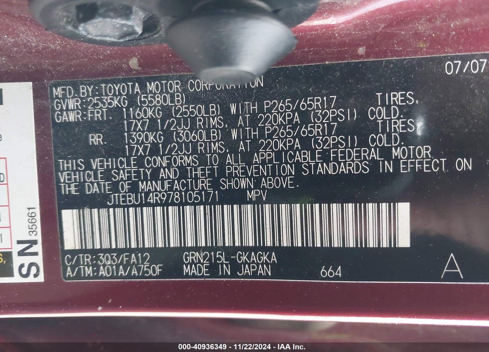 2007 TOYOTA 4RUNNER SR5 V6 VIN: JTEBU14R978105171
