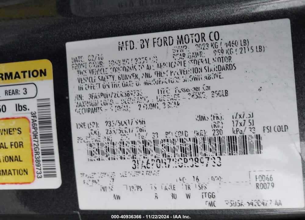 2016 FORD FUSION SE VIN: 3FA6P0H72GR389733