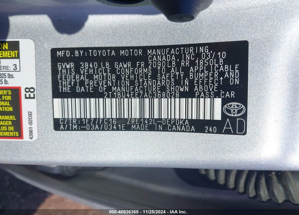 2010 TOYOTA COROLLA LE VIN: 2T1BU4EE7AC368028