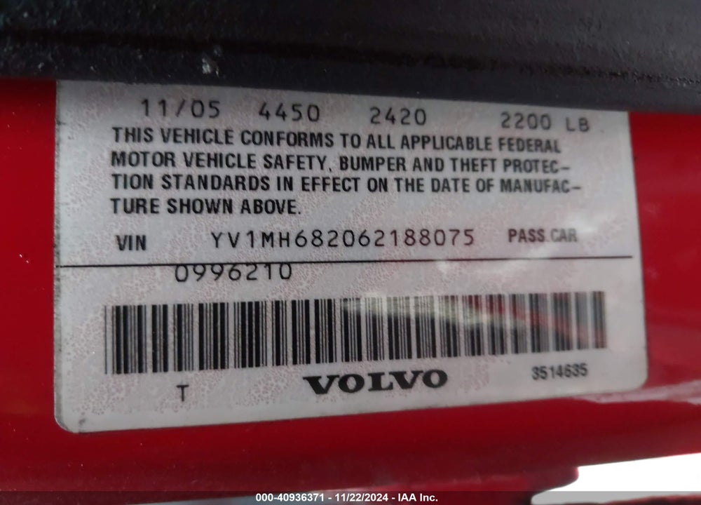 2006 VOLVO S40 T5 VIN: YV1MH682062188075