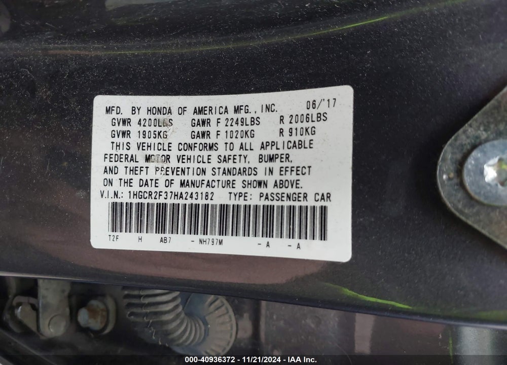 2017 HONDA ACCORD VIN: 1HGCR2F37HA243182