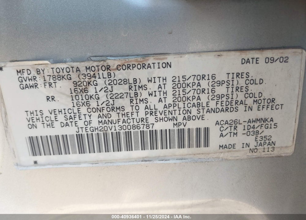 2003 TOYOTA RAV4 VIN: JTEGH20V130086787