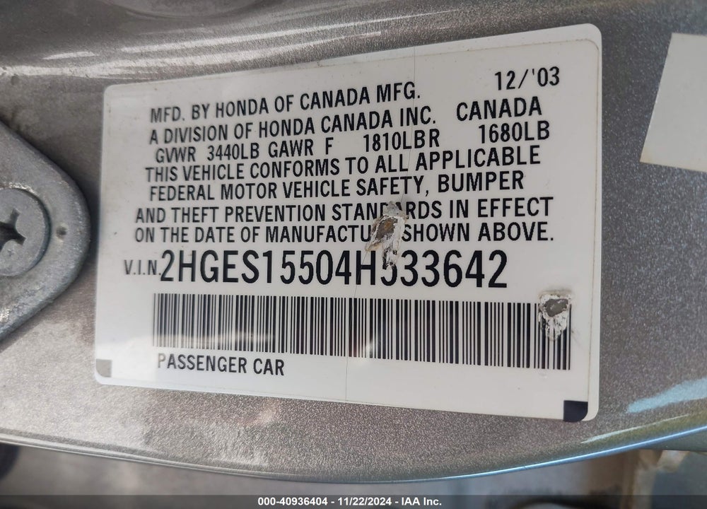 2004 HONDA CIVIC LX VIN: 2HGES15504H533642