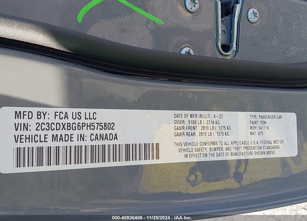 2023 DODGE CHARGER SXT VIN: 2C3CDXBG6PH575802