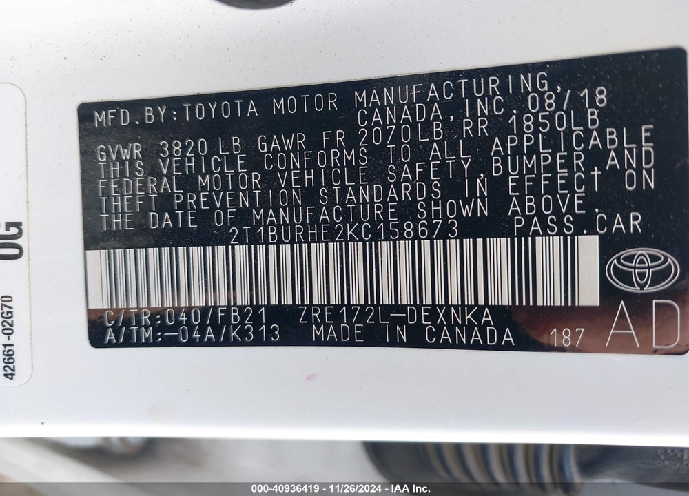 2019 TOYOTA COROLLA LE VIN: 2T1BURHE2KC158673