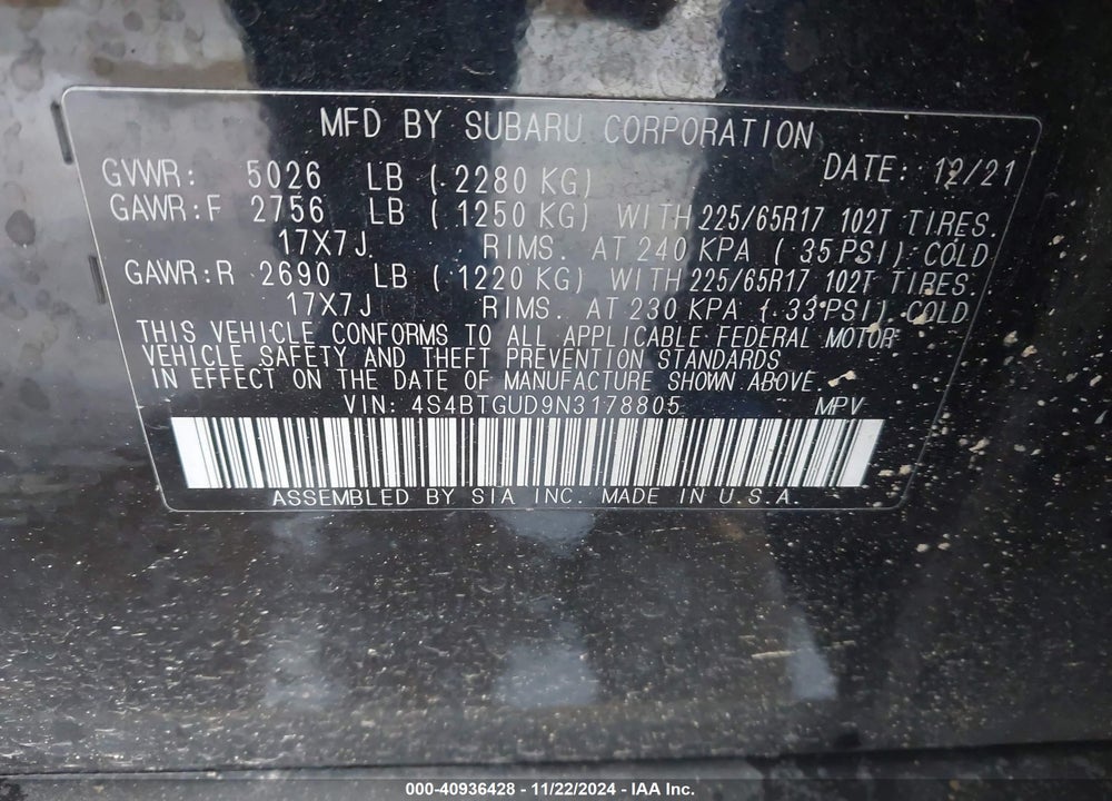 2022 SUBARU OUTBACK WILDERNESS VIN: 4S4BTGUD9N3178805
