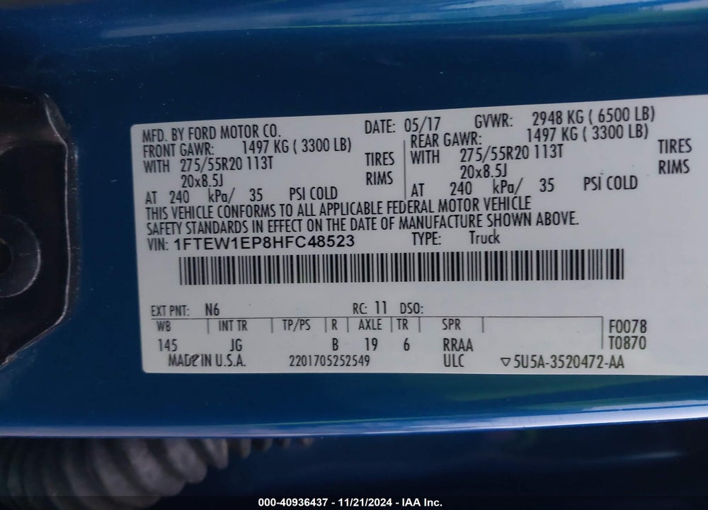 2017 FORD F-150 XL VIN: 1FTEW1EP8HFC48523