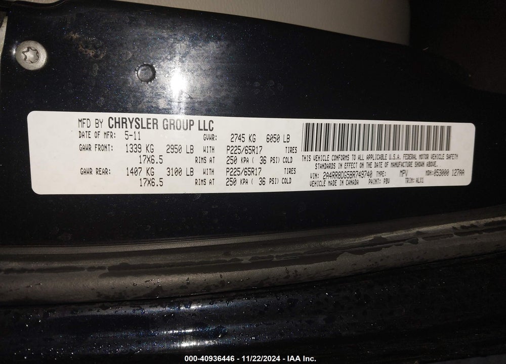 2011 CHRYSLER TOWN & COUNTRY TOURING-L VIN: 2A4RR8DG5BR749740