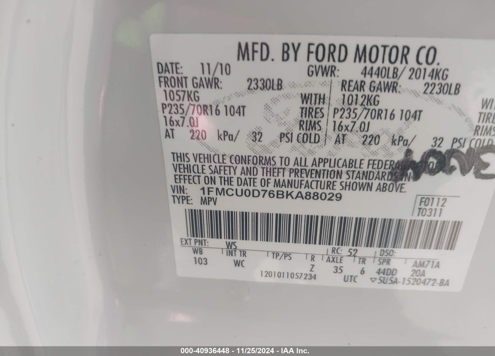2011 FORD ESCAPE XLT VIN: 1FMCU0D76BKA88029