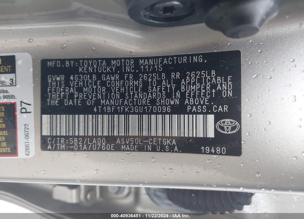 2016 TOYOTA CAMRY XLE VIN: 4T1BF1FK3GU170096