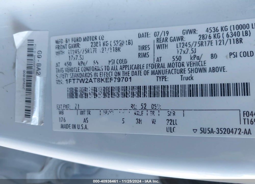 2019 FORD F-250 XL VIN: 1FT7W2AT8KEF79701